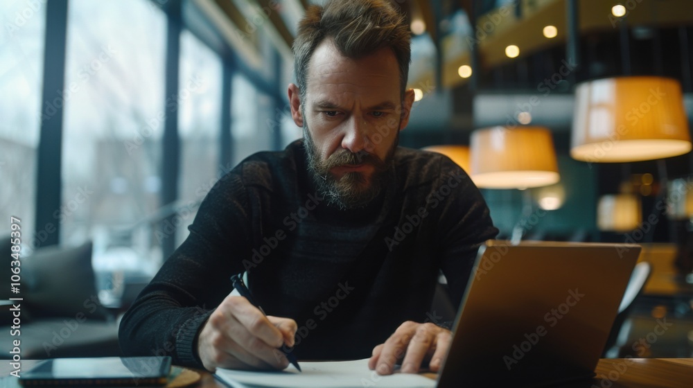A focused freelancer writes notes at a coffee table, surrounded by a warm, cozy atmosphere with soft lighting and modern decor. A focused freelancer writes notes at a coffee table, surrounded by a warm, cozy atmosphere with soft lighting and modern decor.