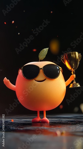 
cute chibbi 3d blender apple character wearing gangster meme sunglasses holding a champion trophy 