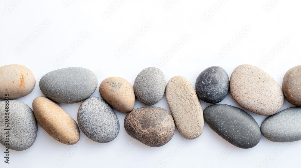 Smooth, natural rounded stones arranged on a white background create a serene composition. These natural rounded stones offer a calming aesthetic and ample copy space for design purposes. Smooth, natural rounded stones arranged on a white background create a serene composition. These natural rounded stones offer a calming aesthetic and ample copy space for design purposes.