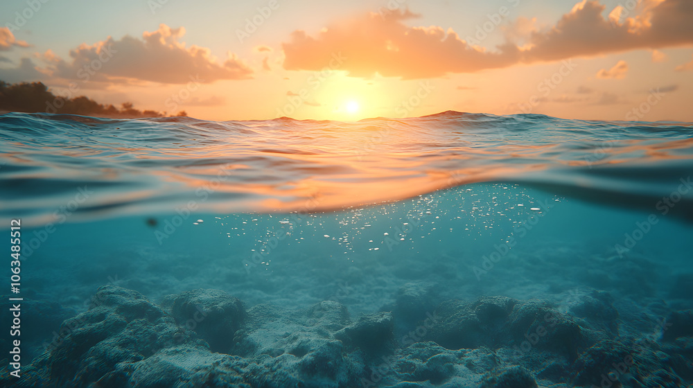A Breathtaking Cliffside Scene Merging Solid Rock with Crystal-Clear Translucent Water Under a Golden Sunset A Breathtaking Cliffside Scene Merging Solid Rock with Crystal-Clear Translucent Water Under a Golden Sunset
