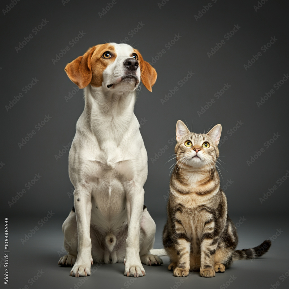 full-body image of a dog and a cat standing side by side on a transparent background, both looking up in the same direction with focused, curious expressions full-body image of a dog and a cat standing side by side on a transparent background, both looking up in the same direction with focused, curious expressions