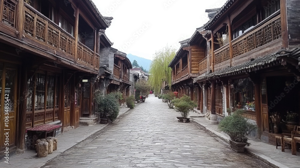 Serene Pathway in Traditional Wooden Village Serene Pathway in Traditional Wooden Village