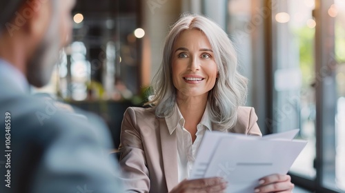 Fototapeta Naklejka Na Ścianę i Meble -  Smiling mature business woman hr holding cv document at job interview. Happy mid aged professional banking manager or lawyer consulting client sitting at workplace in corporate office meeting.