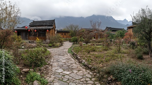 Scenic Pathway Through Traditional Mountain Village