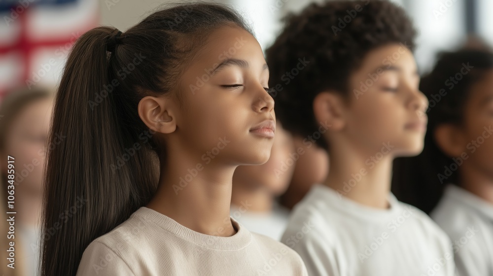 Children practicing mindfulness and meditation in a classroom setting during a school mindfulness program. Children practicing mindfulness and meditation in a classroom setting during a school mindfulness program.