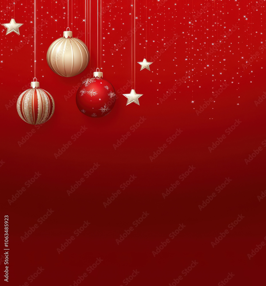 Christmas background with hanging ornaments, stars, and festive red backdrop. Perfect for holiday celebrations and seasonal decorations Christmas background with hanging ornaments, stars, and festive red backdrop. Perfect for holiday celebrations and seasonal decorations