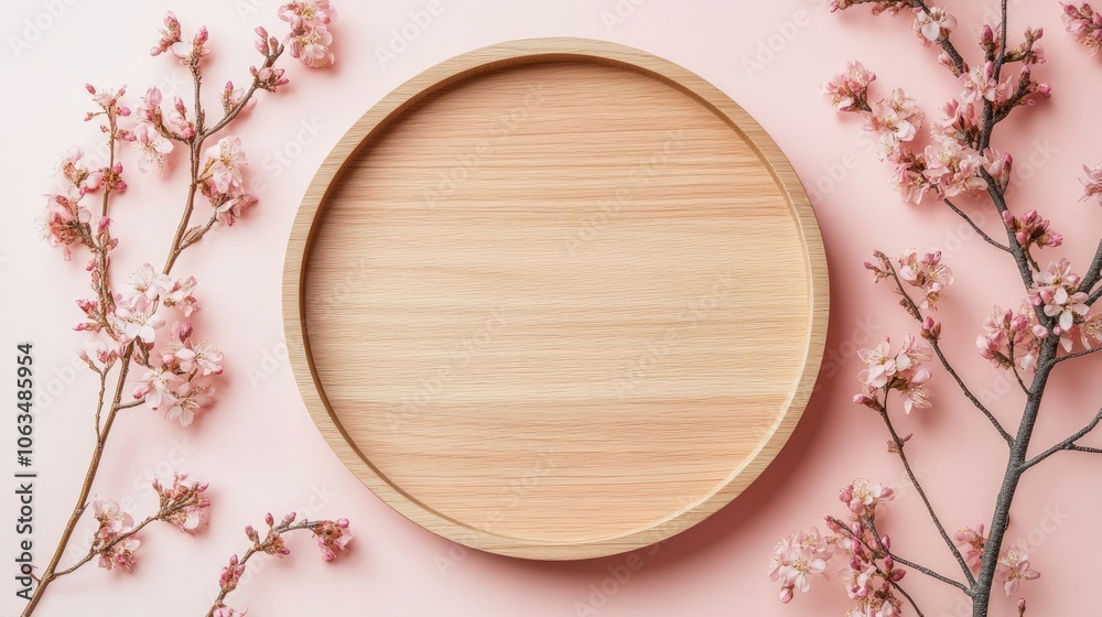 Round wooden tray placed on a soft-focus flat lay background creates a serene atmosphere. The round wooden tray provides a natural touch, perfect for various arrangements with copy space. Round wooden tray placed on a soft-focus flat lay background creates a serene atmosphere. The round wooden tray provides a natural touch, perfect for various arrangements with copy space.