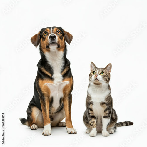 full-body image of a dog and a cat standing side by side on a transparent background, both looking up in the same direction with focused, curious expressions