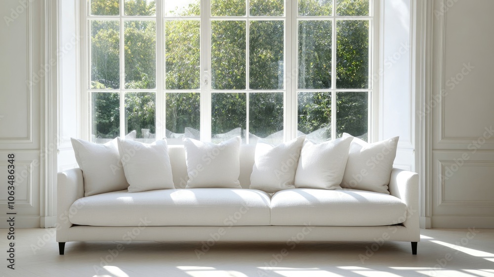 Fototapeta premium Sophisticated white sofa positioned elegantly in front of expansive windows, creating a bright and airy atmosphere. Ideal for interior design inspiration with ample copy space.