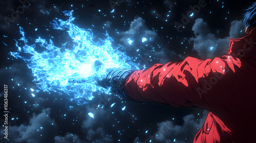 Vibrant Illustration of a Pyromaniac with a Flamethrower Surrounded by Dynamic Blue Flames Against a Dark Background