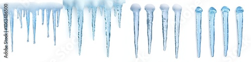 Icicles hanging from a roof, clear blue colors, white isolate background.