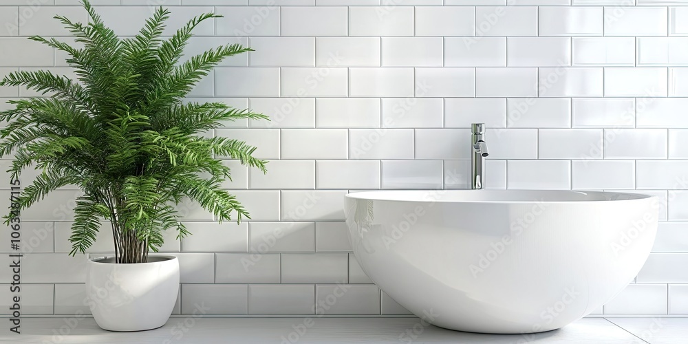 Contemporary bathroom featuring pristine white tiles, a sleek minimalist sink, and a lively green plant that adds a refreshing natural element to the space.