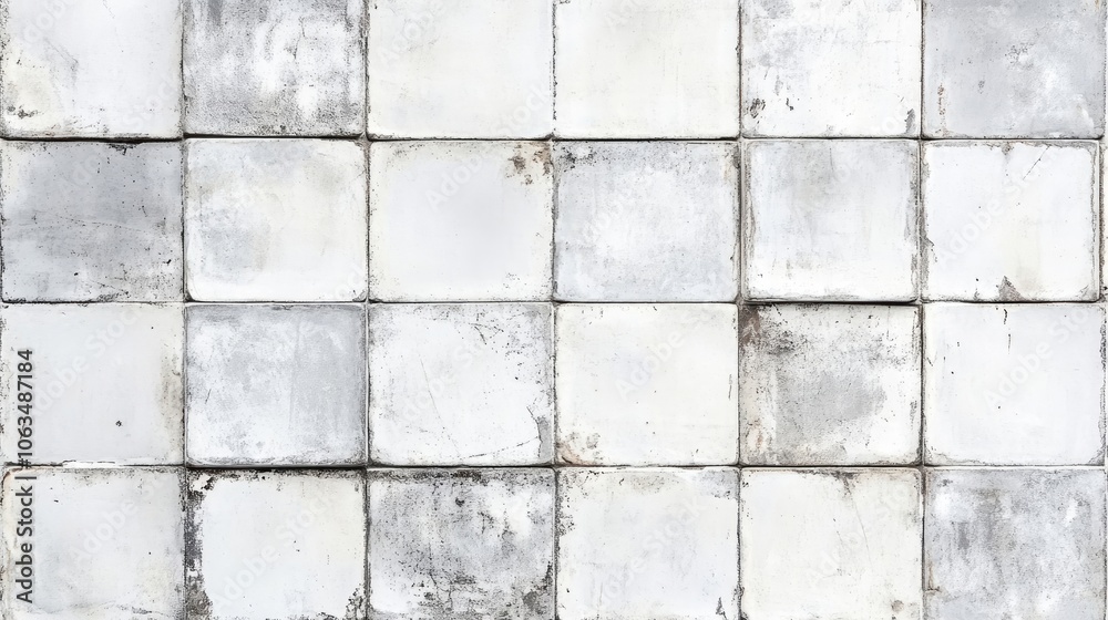 Naklejka premium Rustic white and gray patchwork square motif tiles create a bright and clean texture background. This shabby style features a unique design perfect for versatile use, with ample copy space.