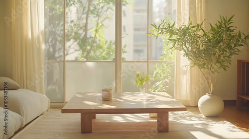 Tranquil sunlit living room interior with minimalist wooden table, cozy sofa, and lush indoor plant by a large window, creating a serene and inviting atmosphere for relaxation.