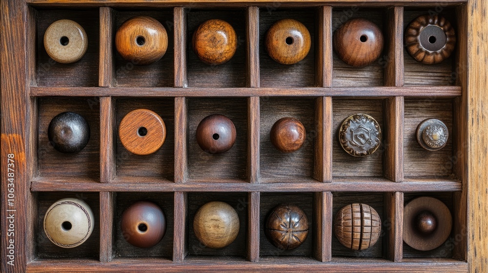 Fototapeta premium Wood furniture knobs arranged artistically in a rustic wooden box, creating a charming display of wood furniture knobs with ample copy space for design elements.