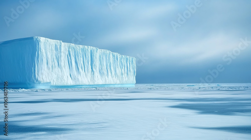  Wide shot of a massive ice block in the middle of Antarctica, in the Arctic Ocean, on a misty morning with a clear sky. The color tone is cold, with shades of blue and white minimalism