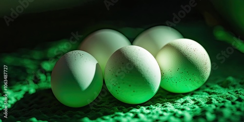 Pet Egg Food against a Neon Green illuminated background. Close up shot showcasing the concept of poultry breeding. photo