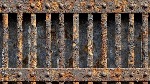 Close-up of a fragment of rusty metal fence, highlighting the texture and character of the iron railing, perfect for compositions that require rustic and aged elements. photo