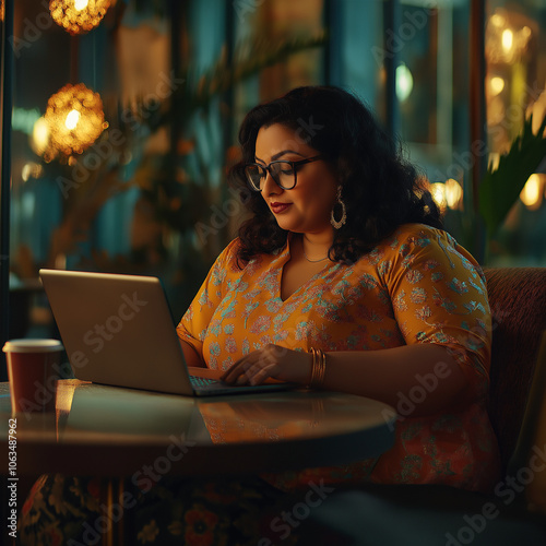 a plus-size Indian woman focused on her laptop in a stylish café, warm ambient lighting and coffee cup on the table