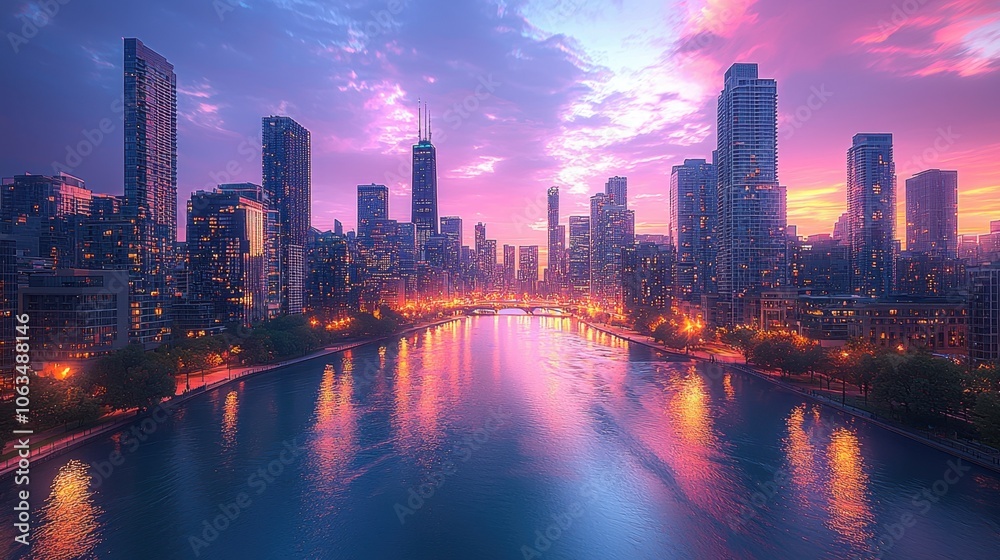 Fototapeta premium Cityscape at Dusk with River Reflection and Pink Sky