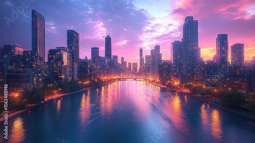 Cityscape at Dusk with River Reflection and Pink Sky