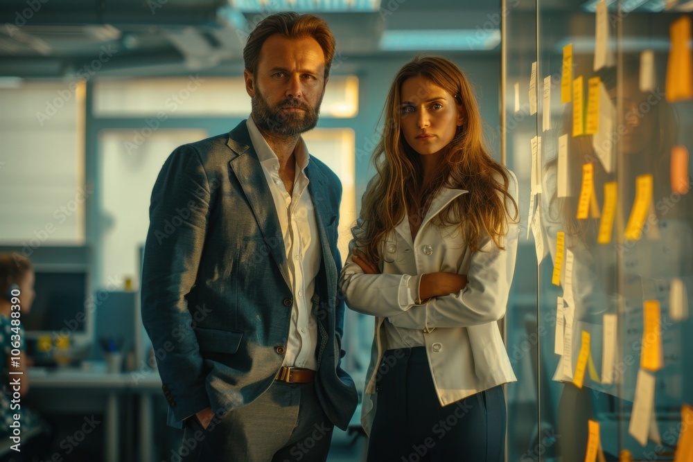 Two creative professionals stand in a modern office, engaged thoughtfully over a glass wall covered in sticky notes, reflecting a collaborative atmosphere. Two creative professionals stand in a modern office, engaged thoughtfully over a glass wall covered in sticky notes, reflecting a collaborative atmosphere.