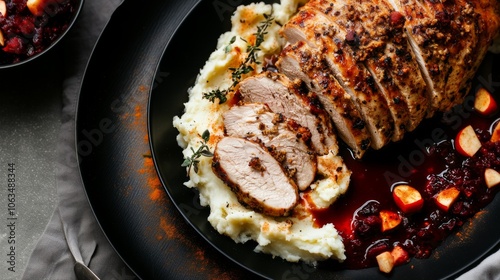 Thanksgiving Meal: Sliced turkey roast with gravy sauce. Served on a dark plate with, stuffing, mashed potatoes dashed with seasoning, and cranberry sauce. Dinner.
