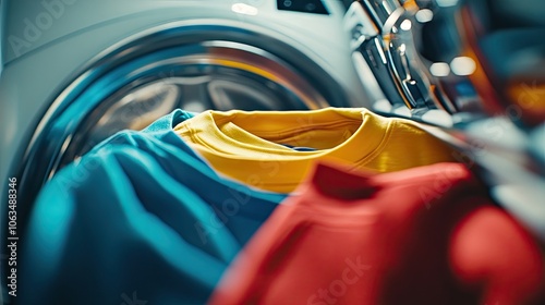 A g t shirt placed in a washing machine for a thorough wash, emphasizing the g t shirts vibrant colors and fabric care, with ample copy space for text. photo