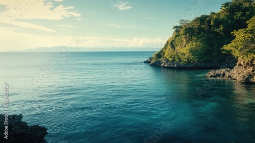 Breathtaking ocean view of a tropical vacation island, capturing serene waters and lush landscapes, perfect for travel inspirations and relaxation themes with ample copy space. photo