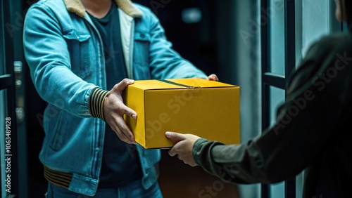 Wallpaper Mural Delivery Person Handing Over Yellow Box to Customer Torontodigital.ca