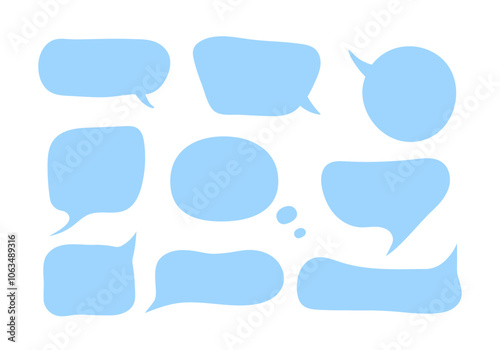 Blue hand drawn speech bubbles set. Doodle text boxes for chats collection.