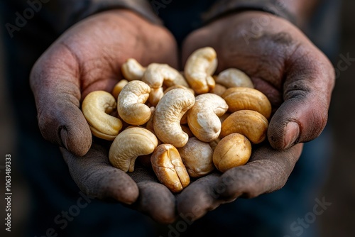 A farmer holds freshly harvested cashew nuts in his hands under natural light in a rural setting photo