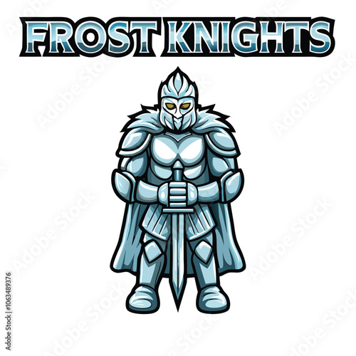 A majestic medieval knight, clad in shining armor, stands frozen in ice. His sword is raised, ready to strike, yet encased in a crystalline grip.