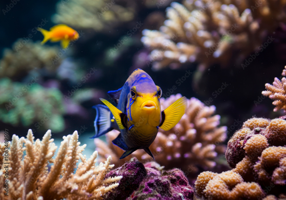 Obraz premium Animals of the underwater sea world. Ecosystem. Colorful tropical fish. Life in the coral reef. Ocean background.