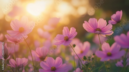 Pink cosmos flowers blooming in the garden during sunset time