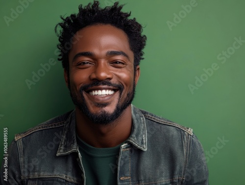 A smiling man wearing a denim jacket stands confidently against a solid green background, exuding a positive and welcoming mood.