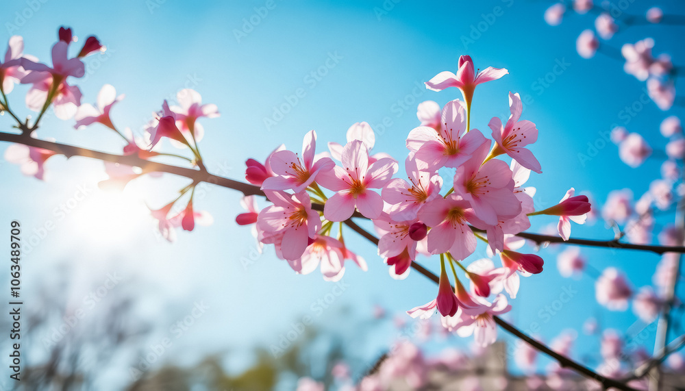 Sakura. Branches with pink flowers on a blue sky background for publications.