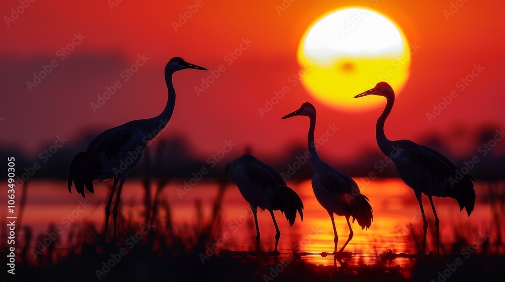 Naklejka premium With the sun slowly dipping below the horizon the silhouettes of cranes are cast against a backdrop of vibrant colors creating a strikingly beautiful scene.