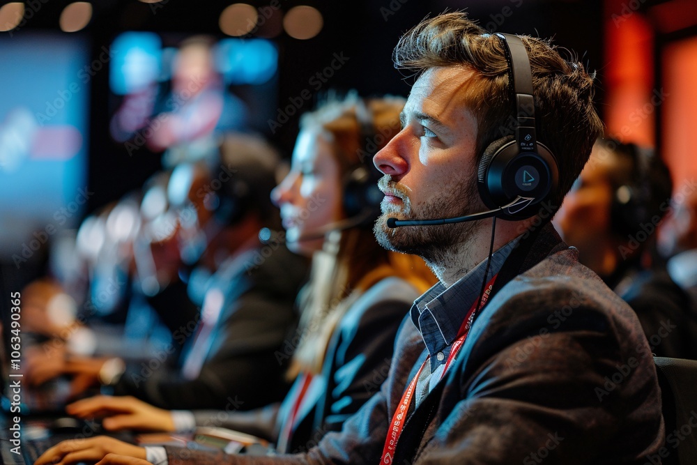 A focused group of competitors wearing headsets are intensely engaged in a gaming tournament. The atmosphere is charged with excitement as they navigate their screens in a bustling venue A focused group of competitors wearing headsets are intensely engaged in a gaming tournament. The atmosphere is charged with excitement as they navigate their screens in a bustling venue