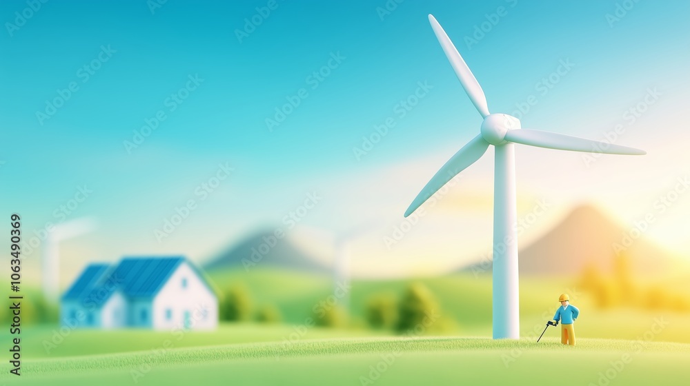 Fototapeta premium Toy worker wind turbine solar panel house green landscape in mountains energy blue sky educational model homes technology solar-powered eco-friendly