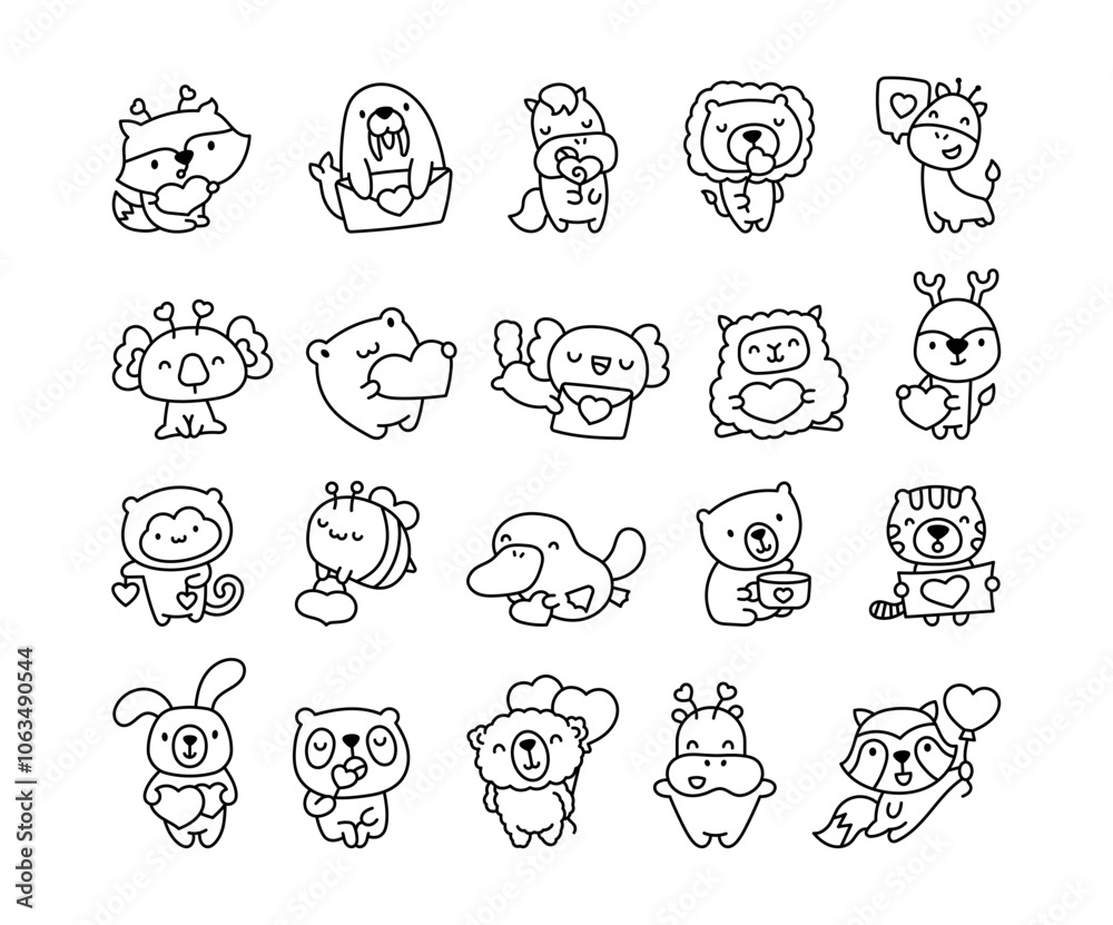 Obraz premium Cute kawaii animal characters holding hearts for Valentines Day illustrations and cartoons