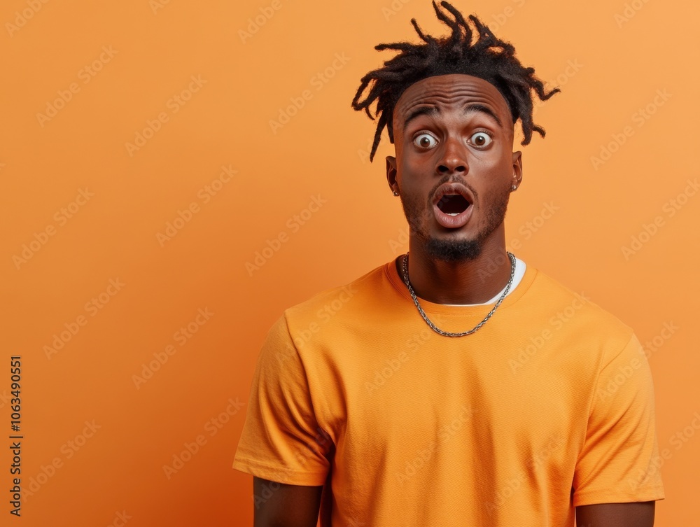 A surprised man with a vibrant expression stands against a solid orange background, wearing a matching orange shirt. The mood is lively and intriguing. A surprised man with a vibrant expression stands against a solid orange background, wearing a matching orange shirt. The mood is lively and intriguing.