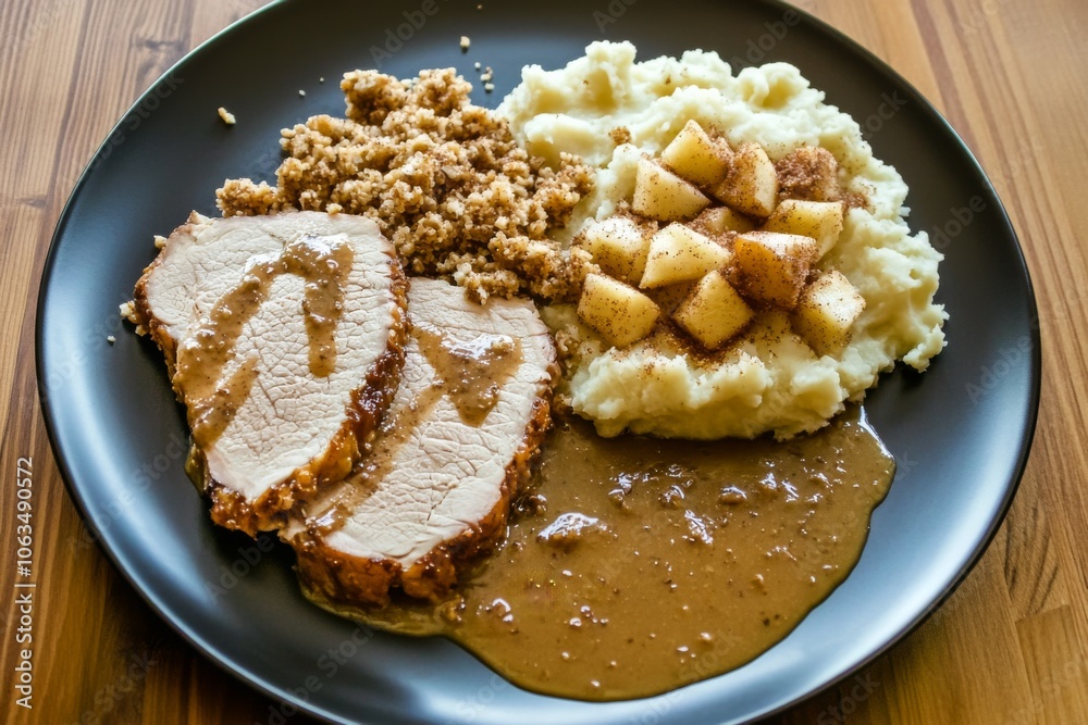 Turkey Dinner: Sliced turkey roast with gravy sauce. Served on a dark plate with, stuffing, mashed potatoes dashed with seasoning. Thanksgiving. Meal.
Turkey Dinner: Sliced turkey roast with gravy sauce. Served on a dark plate with, stuffing, mashed potatoes dashed with seasoning. Thanksgiving. Meal.