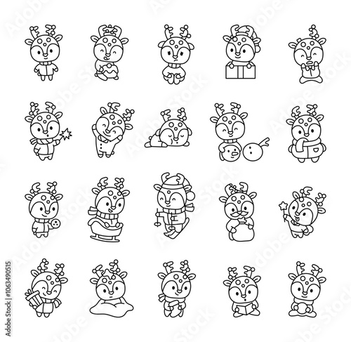 Christmas reindeer kawaii cute cartoon characters with holiday winter decorations and joyful festive gifts for kids illustrations