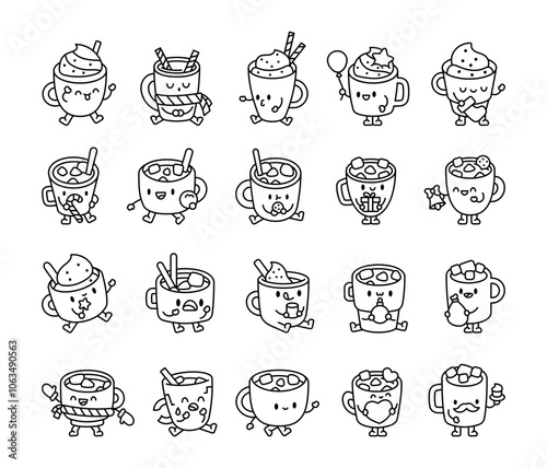Cute kawaii hot chocolate cartoon characters for winter holiday drinks with marshmallows and happy faces illustration set