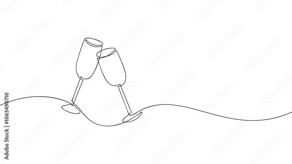 champagne glasses in line art style,one continuous line drawing, black outline vector illustration isolated on white background, template for banner, background,decoration,card,invitation,poster