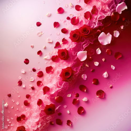 A pink background with red roses and pink petals scattered all over it