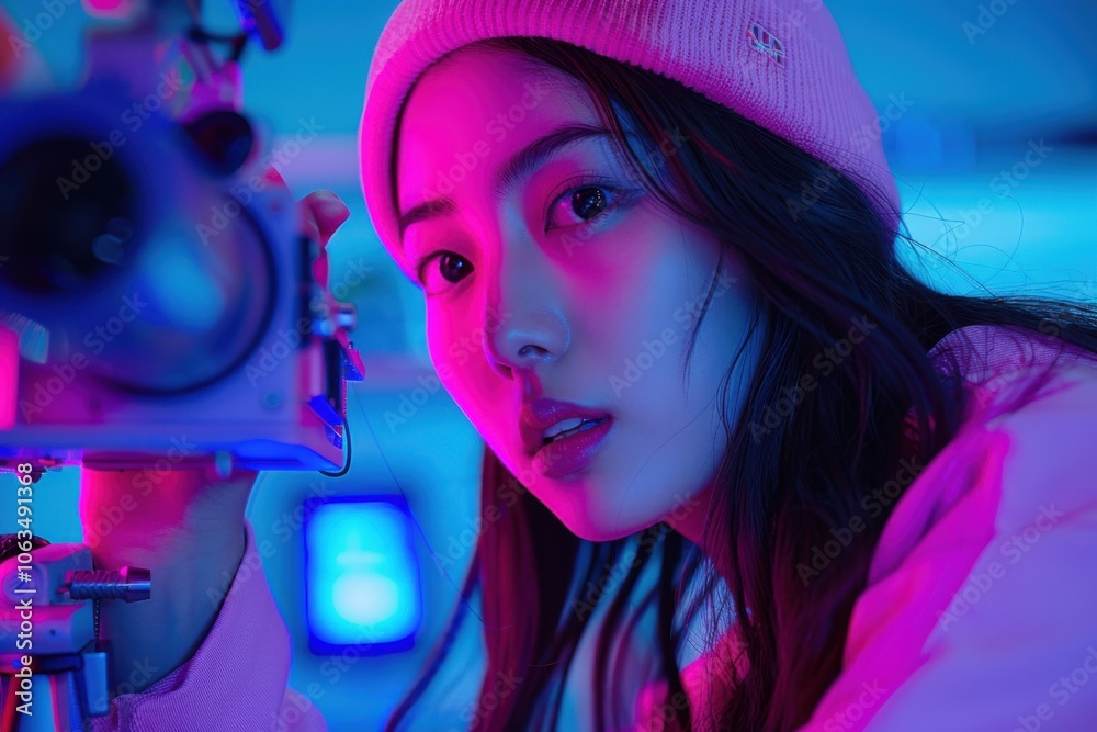 A person in a pink beanie looks at the camera with a futuristic vibe, illuminated by pink and blue neon lights creating a captivating atmosphere. A person in a pink beanie looks at the camera with a futuristic vibe, illuminated by pink and blue neon lights creating a captivating atmosphere.