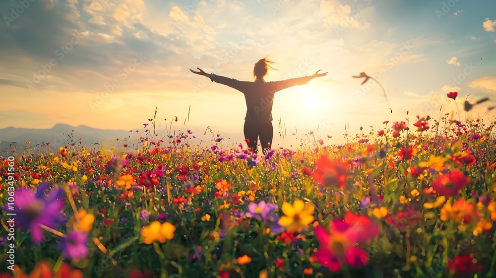 Person Embracing the Vibrant Energy of a Spring Meadow Filled with Wildflowers Person Embracing the Vibrant Energy of a Spring Meadow Filled with Wildflowers