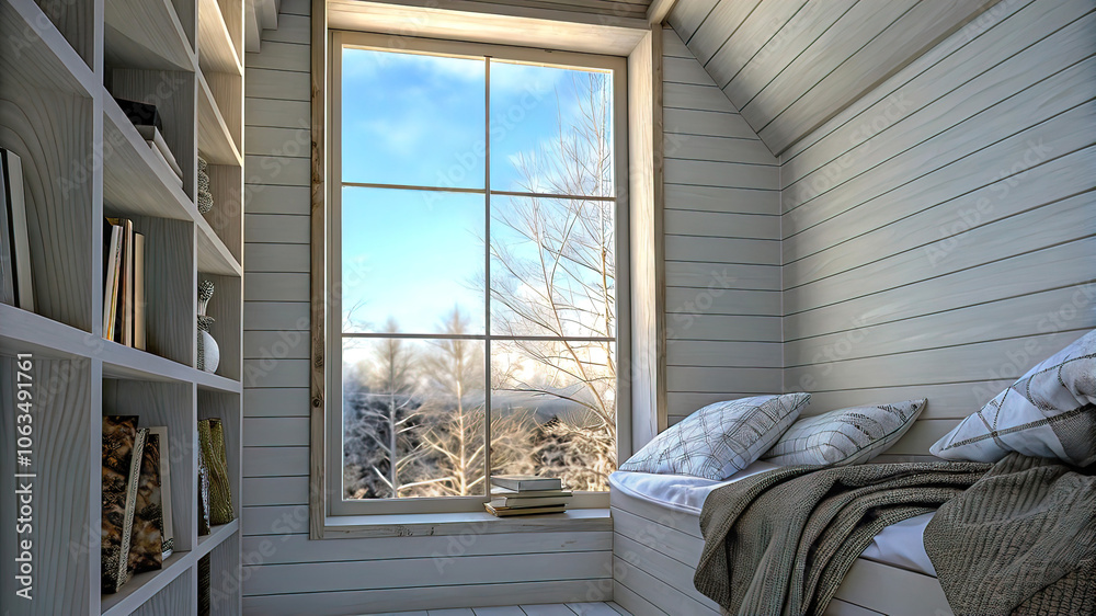 cozy lofi room for winter relaxation, pleasant night lighting with a large window and a view of nature, cozy home interior items cozy lofi room for winter relaxation, pleasant night lighting with a large window and a view of nature, cozy home interior items